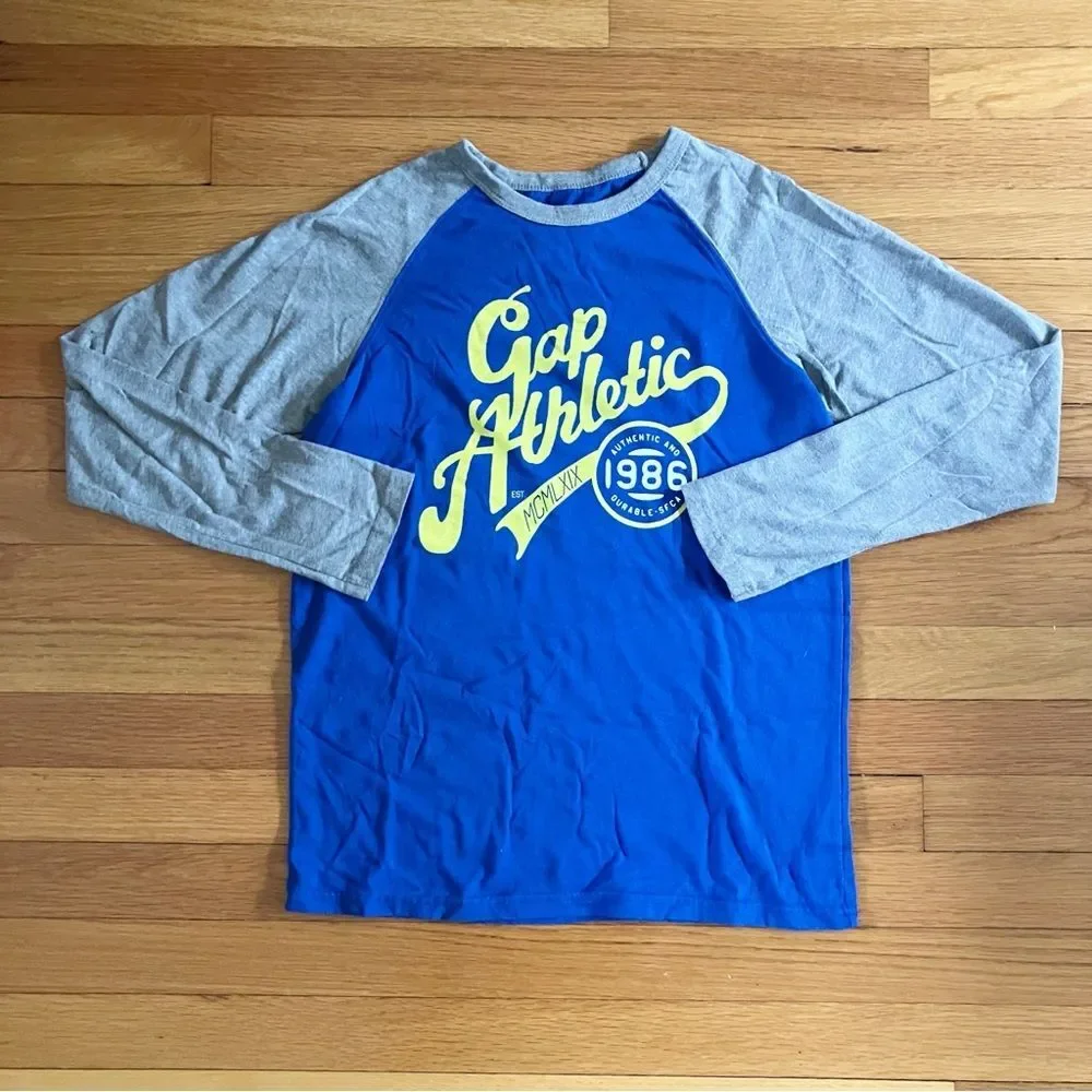 Gap Kids Blue Yellow Cotton Athletic Raglan Long Sleeve Tee XL 12